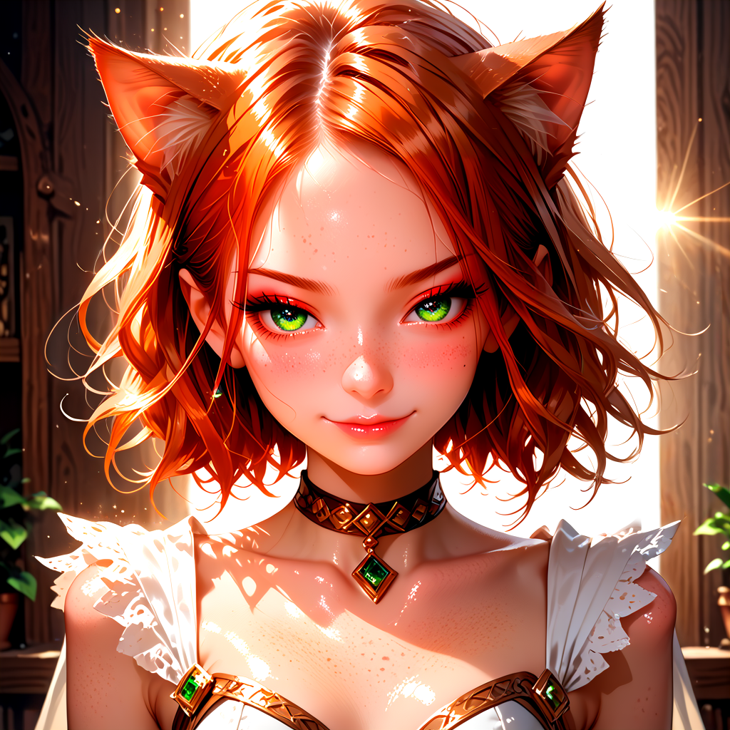 18 years old, 5 ft. tall (165 cm), and weighs 100 lbs. <lora:K1ttenPonyv2:0.6>, Kitten is a woman with long wind ginger hair pulled up, sparkling green eyes, freckles, and many body freckles. She also has ginger cat ears and tail. In her default Magician class, Kitten's outfit consists of a thin leotard with a wrap-around garment at the waist that forms a cape, along with a choker, gloves, and boots. She has a closed mouth smirk an d half-lidded eyes, 
1 girl, cute, (petite), sultry look, seductive, looking at viewer, <lora:DetailedEyes_V3:1>
(closeup:0.8), 
<lora:MythP0rtr4itStyle:0.4> mythp0rt, 
PonyScores7, 
glistening shiny skin, sexy,
naughty, (cleft of Venus:0.7),
epic beautiful lighting, god rays, light beams, volumetric lighting, rim lighting,
masterpiece, beautiful and detailed brightness, (goosebumps:0.5), subsurface scattering, ultra realistic, textured skin, visible skin detail, skin fuzz, cute, <lora:FaeStyle:0.8>