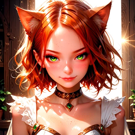 18 years old, 5 ft. tall (165 cm), and weighs 100 lbs. <lora:K1ttenPonyv2:0.6>, Kitten is a woman with long wind ginger hair pulled up, sparkling green eyes, freckles, and many body freckles. She also has ginger cat ears and tail. In her default Magician class, Kitten's outfit consists of a thin leotard with a wrap-around garment at the waist that forms a cape, along with a choker, gloves, and boots. She has a closed mouth smirk an d half-lidded eyes,
1 girl, cute, (petite), sultry look, seductive, looking at viewer, <lora:DetailedEyes_V3:1>
(closeup:0.8),
<lora:MythP0rtr4itStyle:0.4> mythp0rt,
PonyScores7,
glistening shiny skin, sexy,
naughty, (cleft of Venus:0.7),
epic beautiful lighting, god rays, light beams, volumetric lighting, rim lighting,
masterpiece, beautiful and detailed brightness, (goosebumps:0.5), subsurface scattering, ultra realistic, textured skin, visible skin detail, skin fuzz, cute, <lora:FaeStyle:0.8>