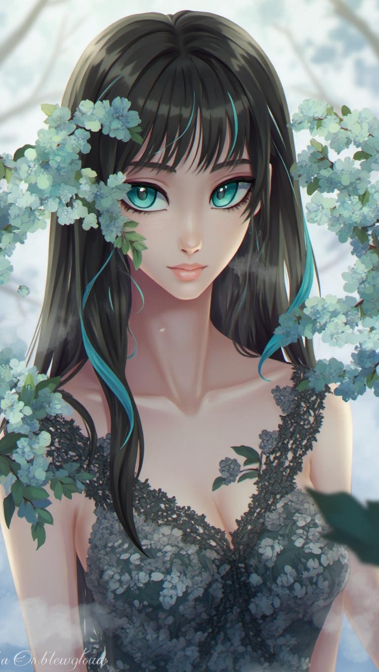 <lora:ck-LttleGhost-000011.safetensors:1> in the style of ck-lttlegh0stThis digital drawing depicts a serene 18-22 year old woman with teal almond-shaped eyes, long dark hair featuring a striking blue streak, and a smooth complexion. She wears a low-cut dark lace dress adorned with floral patterns, which falls just above her knees. The intricate botanical elements framing her face add to the mystical atmosphere, along with the soft fog-like background and pastel color palette that creates an ethereal dreamlike quality.