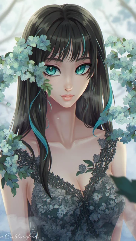 <lora:ck-LttleGhost-000011.safetensors:1> in the style of ck-lttlegh0stThis digital drawing depicts a serene 18-22 year old woman with teal almond-shaped eyes, long dark hair featuring a striking blue streak, and a smooth complexion. She wears a low-cut dark lace dress adorned with floral patterns, which falls just above her knees. The intricate botanical elements framing her face add to the mystical atmosphere, along with the soft fog-like background and pastel color palette that creates an ethereal dreamlike quality.