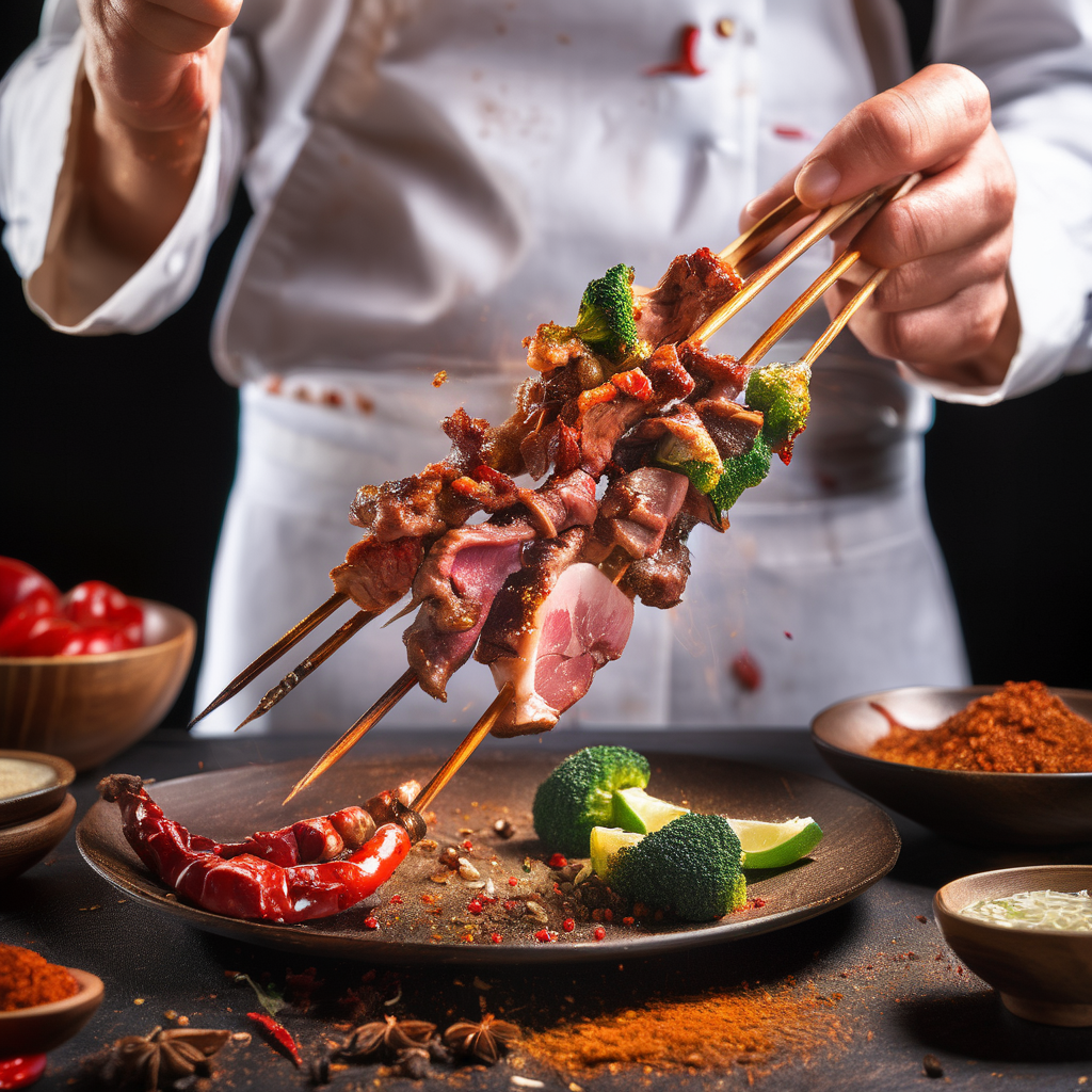 raw photo, reality,in the dark ,a person can be seen holding skewers of meat and spices. The person's hand is firmly gripping one of the skewers, showcasing the delicious array of flavors and aromas. The skewers are expertly prepared, with neat arrangements of meat and spices threaded onto them. The tantalizing mix of colors and textures is evident, making it clear that this dish is a feast for the senses. Additionally, a plate filled with a delectable combination of broccoli and meat is placed nearby, completing the appetizing scene. The dish is presented in an elegant manner, with the vibrant colors of the broccoli and meat contrasting against the white plate. The overall composition is visually appealing, and the image captures the essence of a scrumptious and satisfying meal, <lora:cn_lamb_bbq:0.85>, xhunxhun