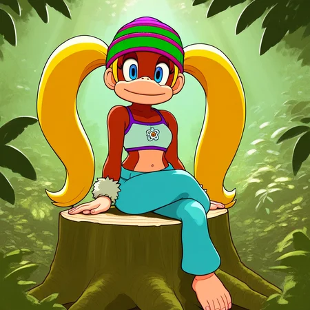 score_9, solo, t_kong, beanie, blonde hair, twintails, blue eyes, crop top, wristband, midriff, sitting, crossed legs, stump, jungle, natural lighting