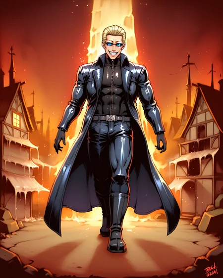 PonyScores7, source_anime, ah1, best quality, (masterpiece:1.4), (high quality:1.4), sharp focus, 4k, absurd resolution, <lora:albertwesker-guy-PONYv1:0.8> albertwesker, albert wesker, 1boy, blonde, black gloves, (sunglasses:1.3), belt, black coat, black pants, looking at viewer, toned, athletic, fit, slicked back hair, black turtleneck, zipper, mature male, black boots, bad-hands-5, (a desolate town, with abandoned houses, eerie atmosphere, overgrown gardens, and chilling presence), <lora:xl_more_art-full_v1:0.2>, <lora:shinyskin2:0.2> glistening skin, <lora:aesthetic_anime_v1s:0.2>, <lora:Expressive_H:0.2> Expressiveh, <lora:hairdetailpxl:0.2> hairdetailpxl, <lora:detailxl:0.2> detailxl, (HDR Panorama shot), (focused, intense glare), slit pupils, short hair, (blue eyes), best quality, amazing quality, best aesthetic, absurdres, <lora:expressive eyes:0.2> expressive eyes, <lora:eyedetailpxl:0.2> eyedetailpxl, illustration, Volumetric_Lighting, ultra-detailed, very aesthetic, intricate details, 8k, masterpiece, best_quality, (angular face, sharp_featured face), <lora:Eyes_High_Definition:0.6> EyesHD,(evil smile), laughing,crazy smile,