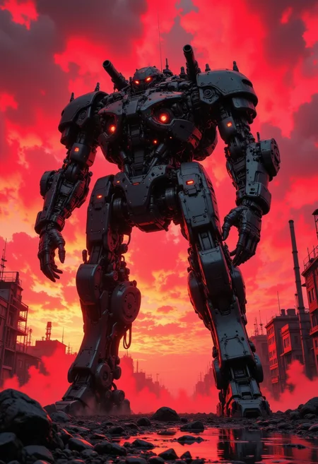 CAICO, detailed photorealistic image, a_skynet_cyberdyne_craft, the image is featuring a colossal armored mecha, with shiny tungsten armour, adorned with intricate, metallic details, including bolts, wires, and mechanical components, giving it a highly advanced, industrial military look, and equipped with rocket launchers and machine guns, standing on a smoky city street with ruins. The sky is an ominous red, with stormy clouds, sunset