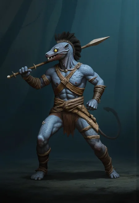 b3rs3rk macro lens d4concept pov, 3D01S, simple background d4artstyle atmospheric and powerful MikeFranchinastyle dark fantasy, natural organic and first person pov of a berserk style creature in the Tsutomu Nihei style
Anthropomorphic reptilian warrior, fusion of dragon, rat, and kobold traits. Muscular bipedal body with blue-gray scaled skin, transitioning to lighter underbelly. Elongated snout with sharp teeth and small protruding fangs. Large, expressive yellow eyes with vertical pupils. Distinctive head features: frilled ears like a kobold, spiky black mohawk running down neck. Armed with primitive weapons: wielding a long spear with metallic tip, dagger at hip. Dressed in leather armor: brown chest piece, tattered loincloth, arm guards, and leg wraps. Adorned with tribal jewelry: bone necklace, metal arm bands. Clawed hands and feet with opposable thumbs. Long, thick tail for balance. Skin texture highly detailed: mix of smooth scales and rough, battle-scarred patches. Pose: alert fighting stance, spear at the ready. Background: misty swamp or dim forest setting. Lighting: moody, emphasizing form and texture. Style: hyper-realistic 3D render with painterly touches. Atmosphere: primal, dangerous creature in its natural habitat.
UHD letterboxed game trailer frame chromatic aberration dark atmosphere sharp masterpiece with a focus on the character, elden ring, dark atmosphere