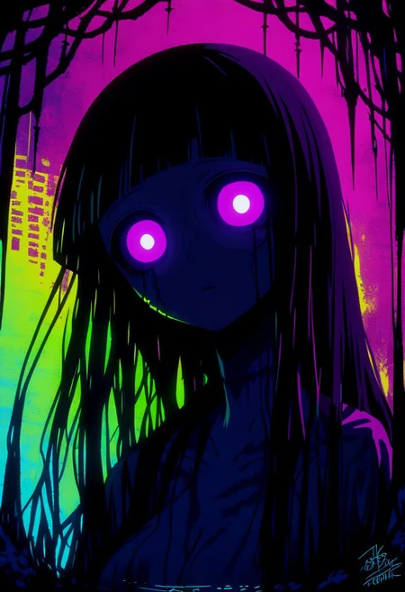 masterpiece, best quality, good quality, very aesthetic, absurdres, newest, 1girl, (hinata, hyuuga hinata, purple eyes, blunt bangs, black hair, white eyes, no pupils,byakugan,veins, veins around eyes, empty pupil, large breasts,solo, looking_at_viewer, black_hair, , text, orange_eyes, lips, colored_skin, portrait, close-up, colored_sclera, red_lips, stitches, body_writing, horror_\(theme\), eye_focus, stitched_face, limited palette, sketch, glowing, psychedelic, Dutch Angle, <lora:ponyv5_noobE11_1_adamW-000013:0.7> <lora:USNR_STYLE_XL_lokr:1> <lora:Navi_LustStrokes_IL:1>, NLSTN, glowing, dark