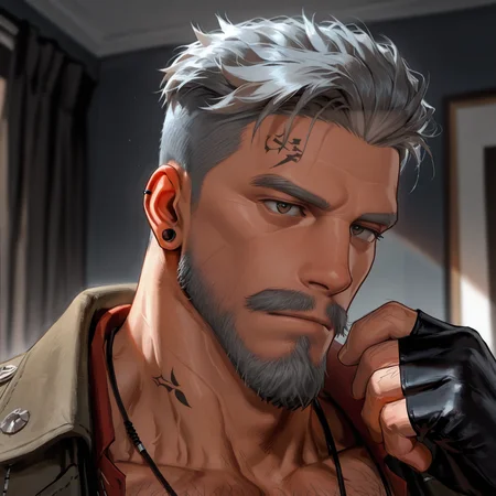 <lora:Vittorio_Toscano__Dead_by_Daylight-000003:.8> Vittorio Toscano, grey hair, mustache, goatee, face tattoo,necklace, fingerless gloves, hairy chest, hairy legs, hairy arms,
face focus, close-up, 
(very short hair, beard, bara, mature, facial hair, stubble, beard, full beard, sideburn, beard, a lot of beard, ), facial hair,male focus, muscular male, muscular male, bara, mature,  bara, mature, aixiwuganda_(20222192), very awa, masterpiece, best quality, absurdres, newest, perfect quality, detailed background, intricate details,
<lora:slider_Body Type_alpha1.0_rank4_noxattn_last:3><lora:style_Anime Summer Days 2 Style SDXL_LoRA_Pony Diffusion V6 XL:.6><lora:slider_cfg_scale_boost:.7><lora:Artist6p:.55>, Artist6p, Artist04p,<lora:slider_il_brightness_slider_d1:-1><lora:slider_il_contrast_slider_d1:-1><lora:slider_DarkSlider1.2_alpha1.0_rank16_full_300steps:-.6>