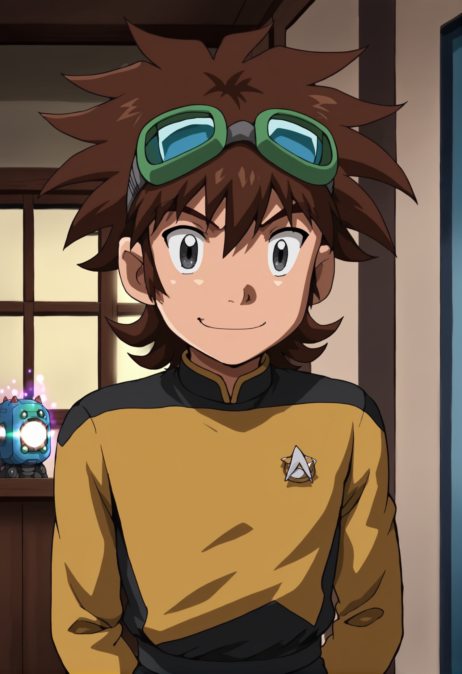 score_9, score_8_up, score_7_up, score_6_up, detailed, intricate details,best quality ,source_anime, male focus taiki kudo, brown hair, grey eyes, 1boy, male focus, solo, goggles, goggles on head, aura , spiked hair, hands behind back, smile, happy, circular window, room,upper body,<lora:Taiki_Kudo__Mikey_Kudo_å·¥è¤_ã¿ã¤ã­_-_Digimon_Xros_Wars__Digimon_Fusion_ãã¸ã¢ã³ã¯ã­ã¹ã¦ã©ã¼ãº_-_Pony:1>
s3stngunf,yellow uniform,long sleeves,gold and silver badge
,<lora:STTNGponyStrong>