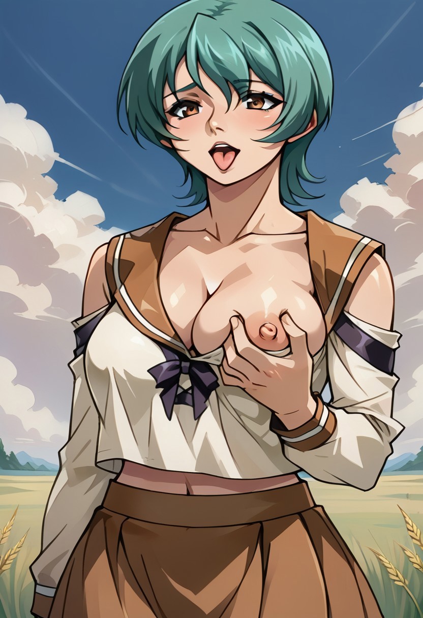 SCORE_9, SCORE_8_UP, SOURCE_ANIME, BREAK, SOLO, 1GIRL, FRONT VIEW, ITAZURA, AKI, VIRIDIAN HAIR, BROWN EYES, SERAFUKU, CLEAVAGE, MIDRIFF, LONG SLEEVE, SHOULDER CUTOUT, SKIRT, GRABBING OWN BREAST, ONE BREAST OUT, HUGE TITS, PUFFY NIPPLE, NIPPLE TWEAK, AHEGAO, BREAK, GRASSY FIELD, BLUE SKY, CLOUDS