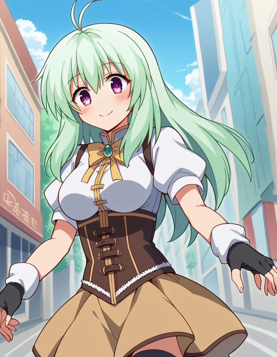score_9, score_8_up, score_7_up, source_anime, <lora:run-elsie-jewelria-darkness-ponyxl-lora-nochekaiser:1>, run elsie jewelria, long hair, purple eyes, green hair, antenna hair, ahoge, hair between eyes, medium breasts, <lora:mami-tomoe-cosplay-ponyxl-lora-nochekaiser:1>, mamitomoecosplay, tomoe mami (cosplay), black gloves, black headwear, black thighhighs, brown skirt, detached sleeves, fingerless gloves, gloves, magical girl, pleated skirt, puffy short sleeves, short sleeves, skirt, corset, striped clothes, striped thighhighs, white shirt, white sleeves, ribbon,, outdoors, street, smile, blush, , dutch angle, cowboy shot