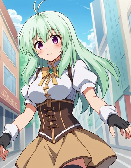score_9, score_8_up, score_7_up, source_anime, <lora:run-elsie-jewelria-darkness-ponyxl-lora-nochekaiser:1>, run elsie jewelria, long hair, purple eyes, green hair, antenna hair, ahoge, hair between eyes, medium breasts, <lora:mami-tomoe-cosplay-ponyxl-lora-nochekaiser:1>, mamitomoecosplay, tomoe mami (cosplay), black gloves, black headwear, black thighhighs, brown skirt, detached sleeves, fingerless gloves, gloves, magical girl, pleated skirt, puffy short sleeves, short sleeves, skirt, corset, striped clothes, striped thighhighs, white shirt, white sleeves, ribbon,, outdoors, street, smile, blush, , dutch angle, cowboy shot