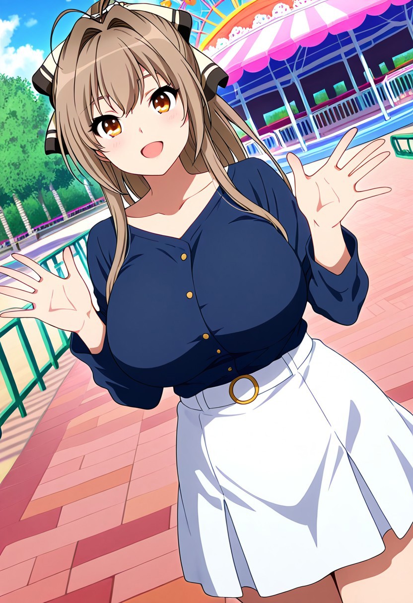 general,highres, ultra-detailed,very aesthetic,best quality ,best hands,best eyes,easynegative,
dynamic anglre, dutch angle, anime cloring,anime screencap,
1girl solo,looking at viewer,amusement park,smile,waving hand,open mouth,
Isuzu sento,brown hair,amber eyes,huge breasts,ponytail,shirt,skirt,
