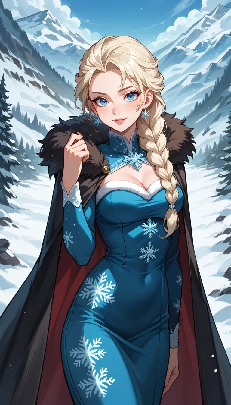 score_9, score_8_up, score_7_up, Anime Style, Cowboy Shot, Elsa of Arendelle, cute, seductive, innocent, light smile:0.3, plump lips, slender body, dark cape, dark dress, fur trim, single braid snowflake pattern, snowy mountain background, depth of field, dynamic angle, fashion photography, sharp, hyperdetailed:1.15