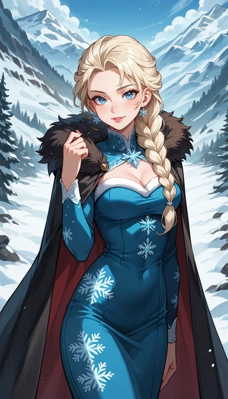 score_9, score_8_up, score_7_up, Anime Style, Cowboy Shot, Elsa of Arendelle, cute, seductive, innocent, light smile:0.3, plump lips, slender body, dark cape, dark dress, fur trim, single braid snowflake pattern, snowy mountain background, depth of field, dynamic angle, fashion photography, sharp, hyperdetailed:1.15