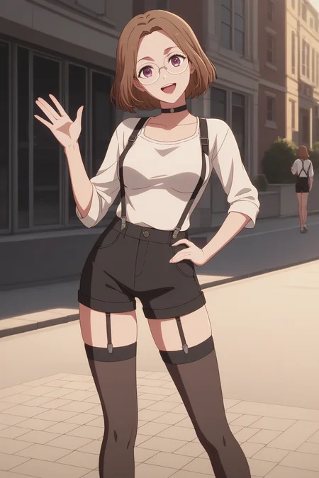 sscore_9, score_8_up, score_7_up, source_anime, 1girl, prefect lighting, very aesthetic, intricate details, highly detailed background, masterpiece, high quality, prefect hands, best quality, solo,
<lora:Yoriko_Kichijouji_Oshi_No_Ko_V1:.85>, KJOyoriko, brown hair, purple eyes, medium hair, forehead,
white shirt, black suspenders, black shorts, black thighhighs, choker, glasses
waving, hand on own hip, head tilt, open mouth, smile,
street, daytime, buildings, sidewalk,
(Beautiful, medium Breasts:1.2), natural breasts,