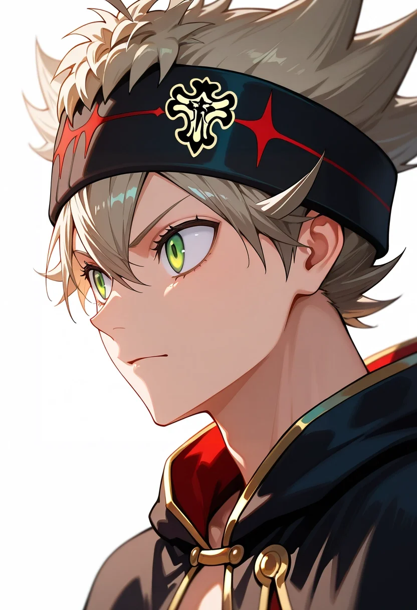 masterpiece, best quality, , , , 1boy, solo, male focus, <lora:asta_black_clover_ilxl:1>, asta_black_clover, grey hair, green eyes, short hair, spiked hair, black headband, black capelet, ,
