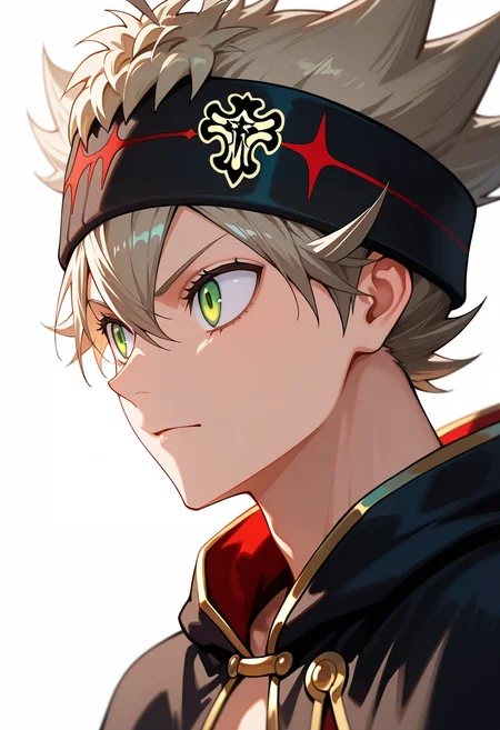 masterpiece, best quality, , , , 1boy, solo, male focus, <lora:asta_black_clover_ilxl:1>, asta_black_clover, grey hair, green eyes, short hair, spiked hair, black headband, black capelet, ,