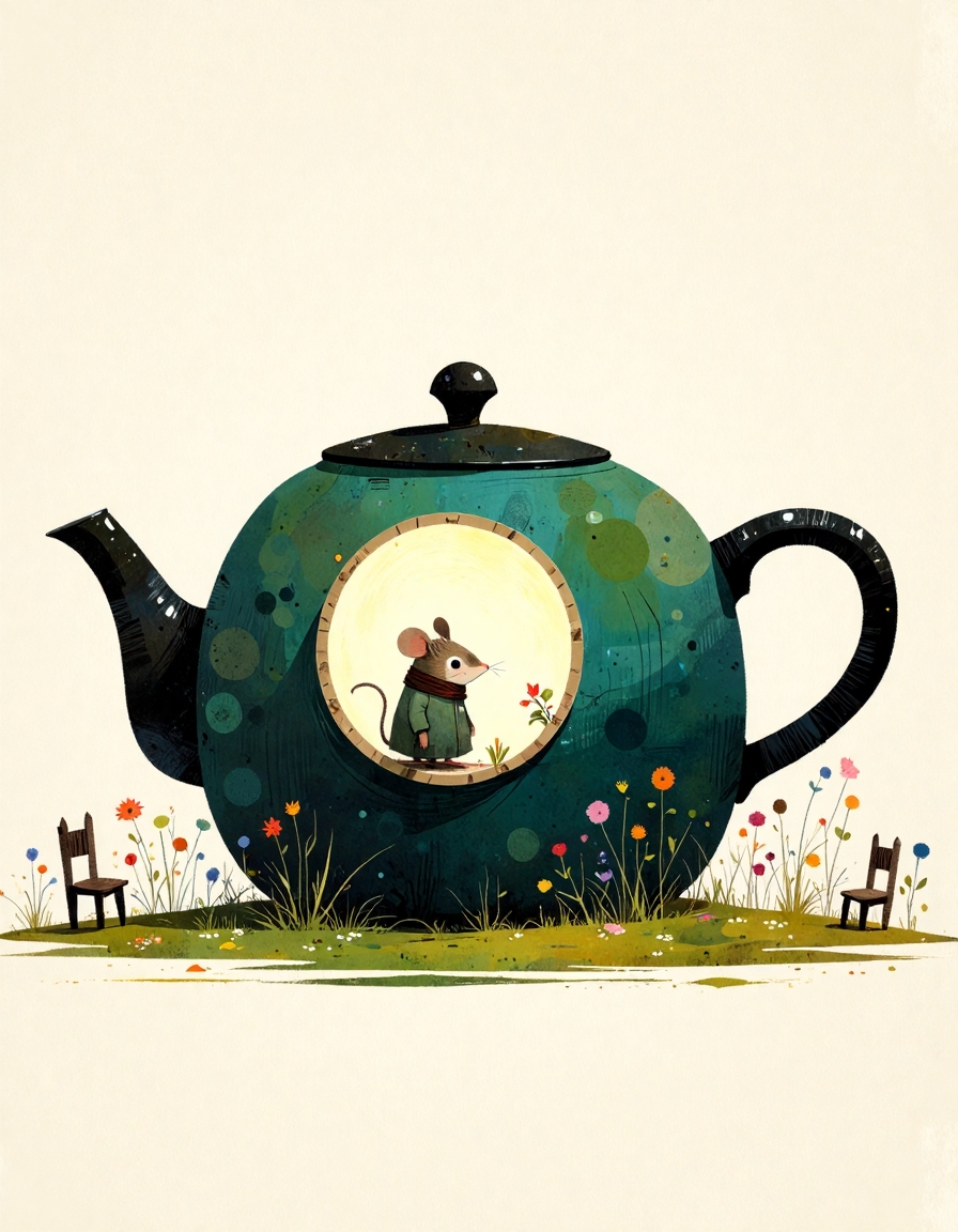 ppstorybook,A hand-drawn illustration of a teapot-shaped house with a large circular window in the spout. A mouse wearing a tiny scarf peeks out from the window, gazing at the soft morning light. The surrounding garden is filled with tiny chairs and colorful wildflowers.
