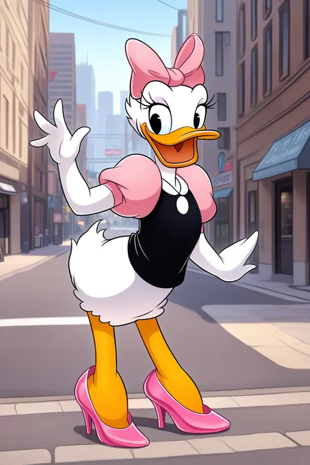 masterpiece, best quality, amazing quality, absurdres, daisyduck, 1girl, standing, white plumage, white feathers, orange legs, open mouth, waving, looking at viewer, happy, pink bow, puffy sleeves, short pink sleeves, black shirt, pink stiletto heels, outdoors, city, street