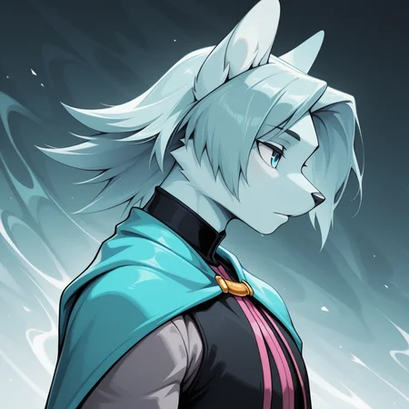 masterpiece, best quality, amazing quality, du57aet, anthro, ((male focus, 1boy, solo)), male, blue eyes, cape, vest, shirt, shoulders up portrait, side view, abstract background<lora:Illustrious\dust-illuv2.safetensors:1.0000000000000002:1.0000000000000002>