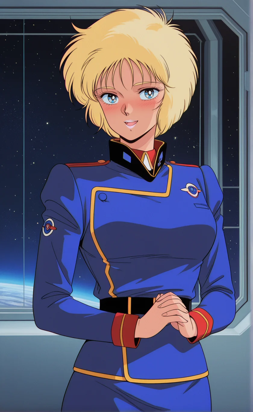 1girl,gndmzzemronc,retro artstyle,1980s (style),solo, blonde hair, short hair,eyelashes, blue eyes,medium breasts, lipstick, uniform, skirt,military uniform,blue jacket, belt, long sleeves, blue skirt,indoors,window,star \(symbol\),sky,space,looking at viewer,wide-eyed ,from behind ,open mouth ,blush ,own hands clasped ,standing ,upper body ,seductive smile , best quality,masterpiece,sensitive, <lora:GundamZZEmaryOunceNoobAI2:1>
