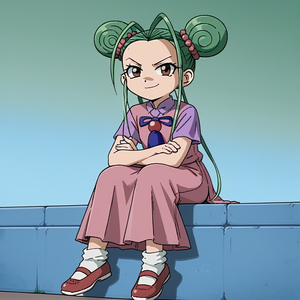 1girl,solo,double bun,green hair,brown eyes,shirt,shoes,antenna hair,white socks,long skirt,sitting,looking at viewer,smirk