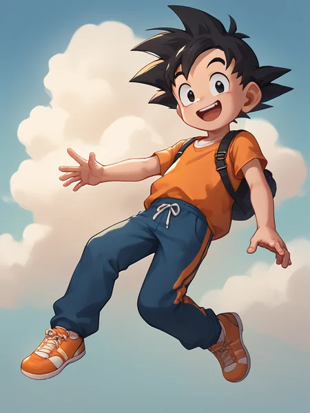 score_9, score_8_up, score_7_up, score_6_up, score_5_up, score_4_up, source_anime <lora:GotenSDXL:0.7>,gotenv1, spiked hair, 1boy, black hair, black eyes, smile,(blue and orange (dougi:1.4)), full body,smiling,looking at viewer, <lora:Smooth Anime Style LoRA XL:1>,flying in the sky,(young:1.1),