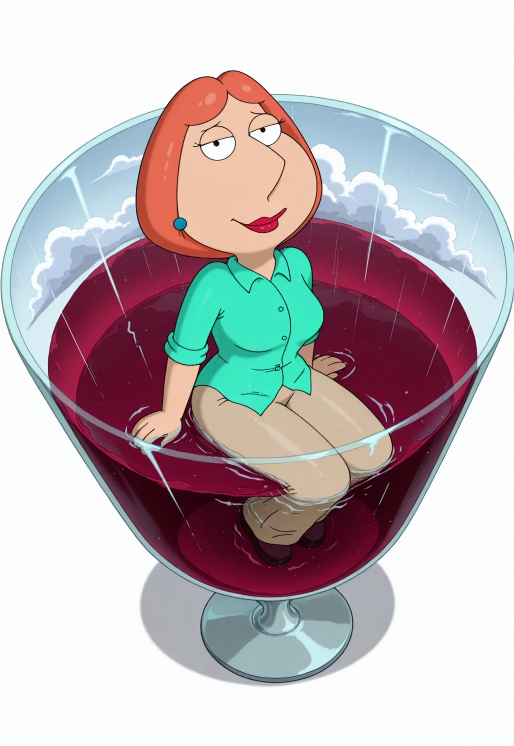 masterpiece, best quality, amazing quality, lo1sgf, 1girl, orange hair, blue earrings, smile, seductive, aroused, orgasm face, aqua shirt, beige pants, (kneeling:1.1), (relaxed:1.1), full body, from above, simple background, white background, (sitting in huge glass of wine:1.3), (lo1sgf inside glass of wine:1.3), (glass full of wine:1.2), huge glass of wine, very huge glass of wine, inside glass, (waist-deep water, partially submerged:1.2), looking at viewer, solo, partially underwater shot, celestial_mirage, cloudy sky, sky, water, reflection, partially submerged