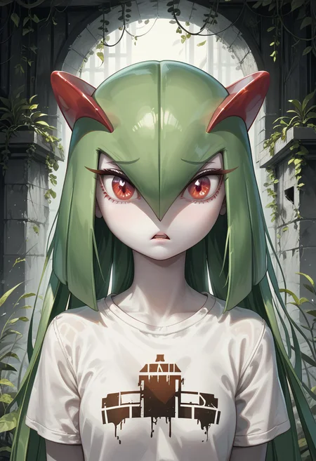 (((Kirlia))), female, anthro, pale white skin, score_9,score_8_up,score_7_up, masterpiece, best_quality, ultra-detailed, masterpiece, 1girl, solo, kirlia, very long hair, red eyes, afraid, perfect face, thick eyeliner, hourglass body, high quality, low light, dramatic lighting, darkness, intricate details, portrait, ((face focused)), wearing ripped dirty black t-shirt, detailed background, post-apocalypse background, ruined house, overgrown with plants, (perfect eyes:1.3,((cat pupils))),dvr-lnds-sdxl, combinestyle