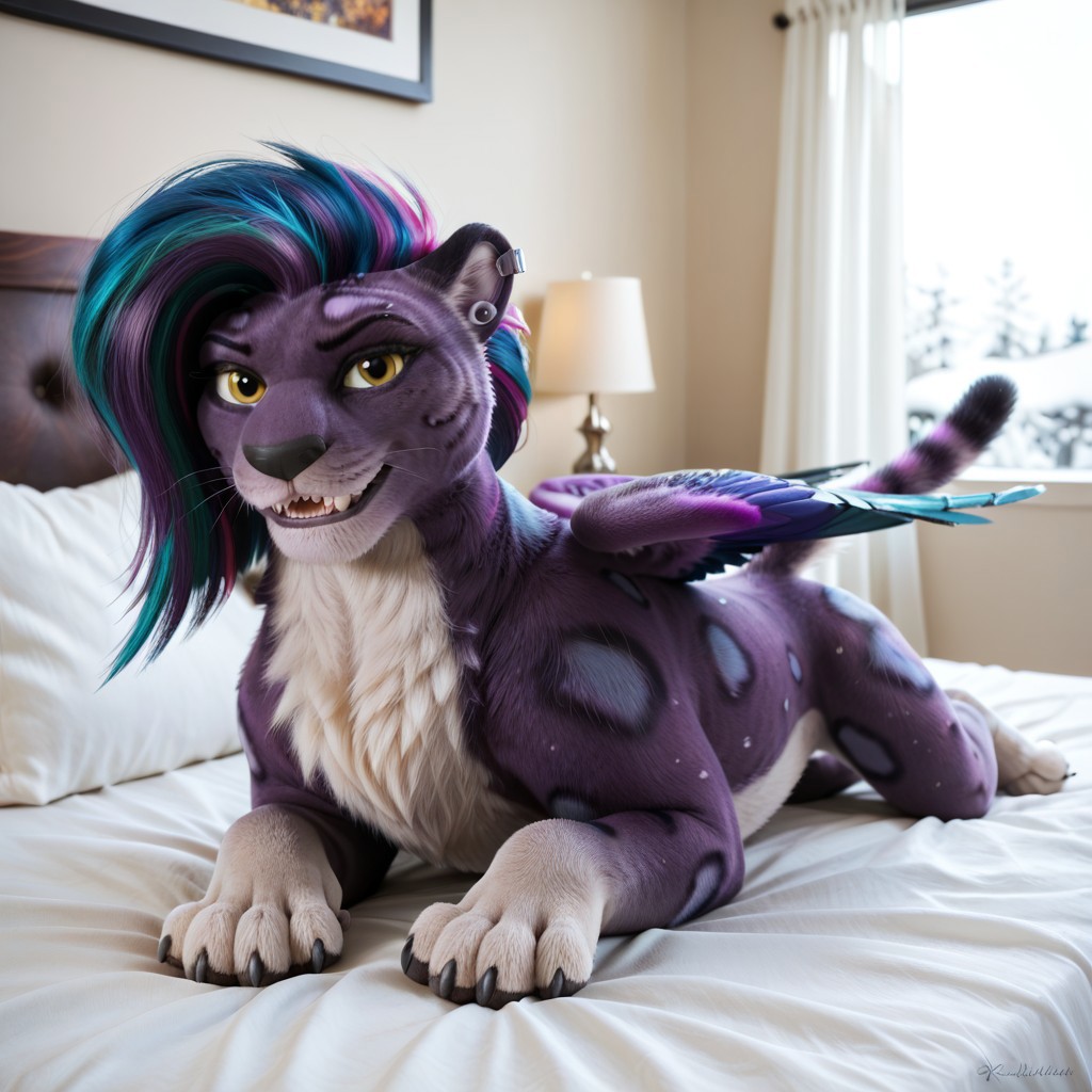 score_9, score_8_up, score_7_up, score_6_up, score_5_up, score_4_up, masterpiece, high quality, realistic, detailed, best quality, white bed, solo, rating_safe, source_furry, bedroom, smiling, seductive, looking at viewer, on bed, lying on belly, allura_mlpg5, snow leopard, purple fur, purple hair, paws, chest fluff, wings, tail, female, 1girl, yellow eyes, helix piercing, feral