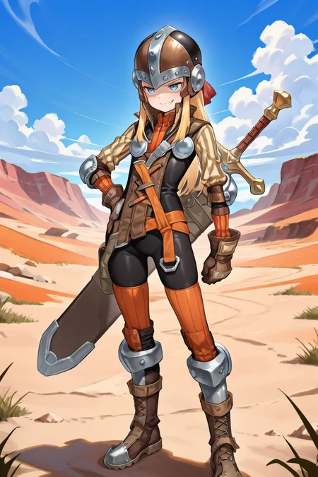 masterpiece, very aesthetic, absurdres, best quality, amazing quality, high resolution, <lora:illustrious_quality_modifiers_masterpieces_v1:0.8> , <lora:ChamIllustriousBackgroundEnhancer:0.5>,  solo,  <lora:InzaghiIL:1> , InzDef, 1boy, blonde hair, sidelocks, long hair, blue eyes, helmet, armor, elbow pads, orange straps, popped collar, layered shirt, cross-laced top, black bodysuit, bodysuit under clothes, striped sleeves, long sleeves, orange thighhighs, gloves, brown gloves, boots, armored boots, brown boots, sheathed, sword on back, exterior, wasteland, hand on hip, smirk, blue sky, clouds,