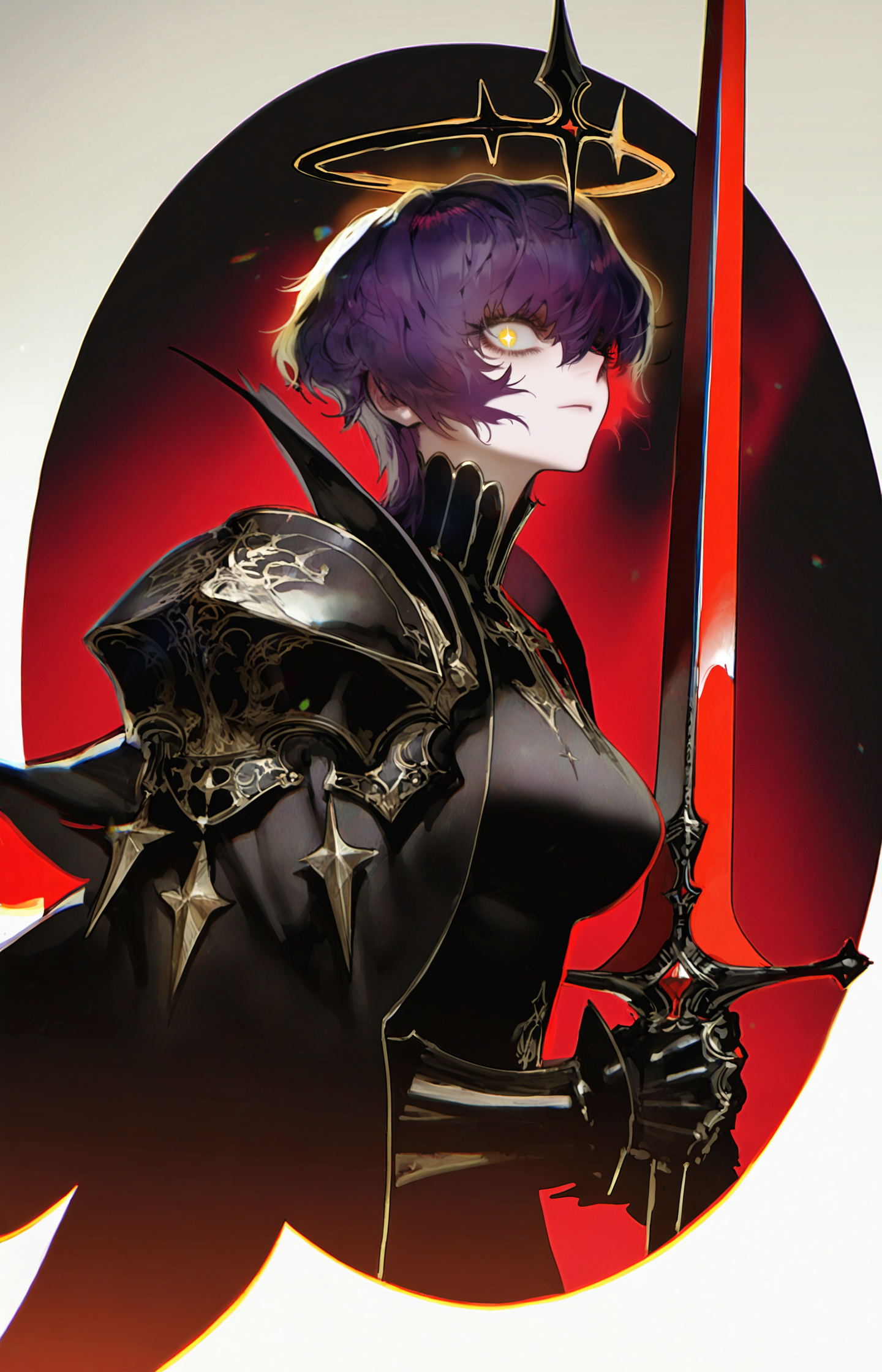 au (d elete), rella, liduke, pigeon666, reoen,
1girl, mature female, tall female, dark purple hair, short hair, wavy hair, yellow eyes, thick eyelashes, + +, tsurime, glowing eyes, medium breasts, expressionless, high collar, black golden robe, pauldrons, gauntlets, armor, sharp crown, holy magic, glowing magic, holding holy staff, holy sword, holding sword, sword at front, sword over face, sword over one eye,
looking at viewer, face focus, upper body, from side,
backlighting, cinematic lighting, lens flare, dark red theme, dark background, chromatic aberration,
star \(symbol\) background, shining halo background,, masterpiece, best quality, amazing quality, very aesthetic, absurdres, best quality, newest,