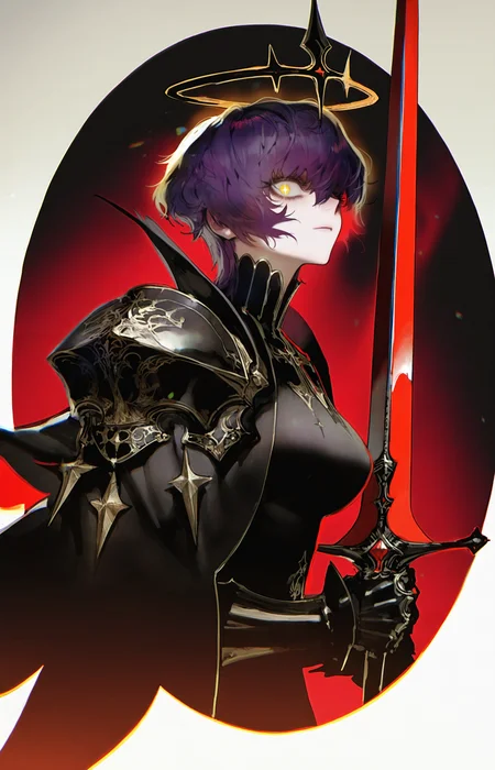 au (d elete), rella, liduke, pigeon666, reoen,
1girl, mature female, tall female, dark purple hair, short hair, wavy hair, yellow eyes, thick eyelashes, + +, tsurime, glowing eyes, medium breasts, expressionless, high collar, black golden robe, pauldrons, gauntlets, armor, sharp crown, holy magic, glowing magic, holding holy staff, holy sword, holding sword, sword at front, sword over face, sword over one eye,
looking at viewer, face focus, upper body, from side,
backlighting, cinematic lighting, lens flare, dark red theme, dark background, chromatic aberration,
star \(symbol\) background, shining halo background,, masterpiece, best quality, amazing quality, very aesthetic, absurdres, best quality, newest,