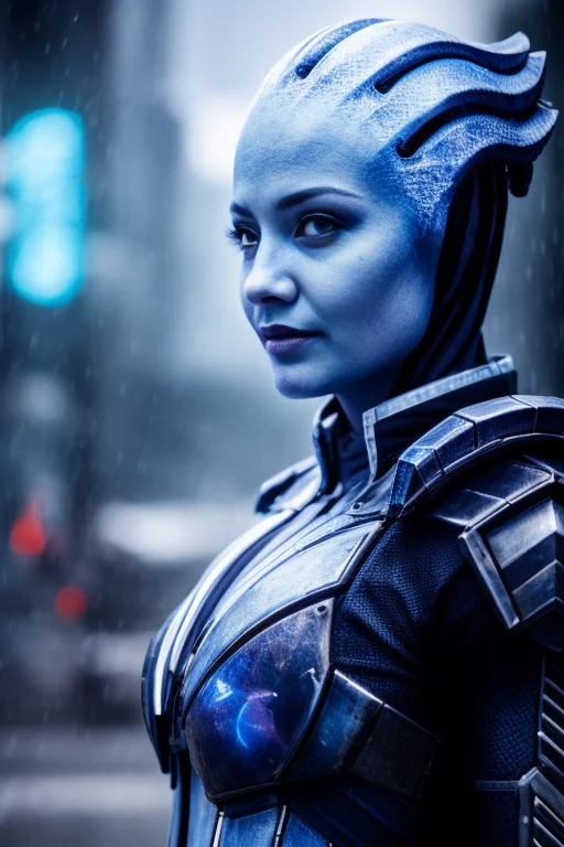 woman, asari, close up, action pose, sci-fi complex armor, cyberpunk, blue_skin, cyberpunk warehouse, rain, looking into the camera, hair flying, (anime), (illustration), cartoon, detailed