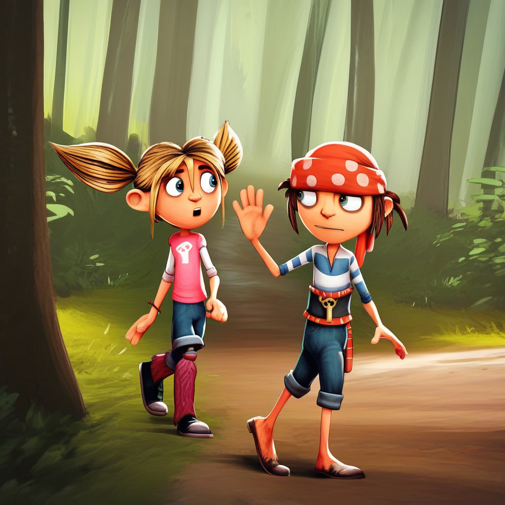 score_9, pnd, (1boy, jim_pnd, bandana), break, (1girl, matilda_pnd, twintails), walking, forest, waving, looking at another