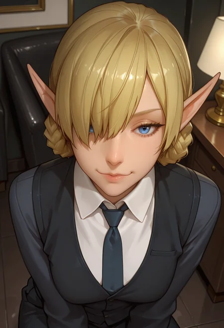 Smooth Quality,masterpiece,very intricate, high quality details, ultra realistic, high detailed skin,detailed enviorement,absurdres,
dim lighting, depth of field,eye catching, ambient occlusion, raytracing,
office, lamp, tie, collar, smirk, leaning, bold, ,
front view,bored,solo,
<lora:MoriiMee_Gothic_Niji_Style_Illustrious_r1:0.9> artist:moriimee,
<lora:Kagali_cnn:0.8> 1girl, short hair, blonde hair, blue eyes, pointy ears, braid, hair over one eye, elf,cardigan, ,vest, ,pants,,
