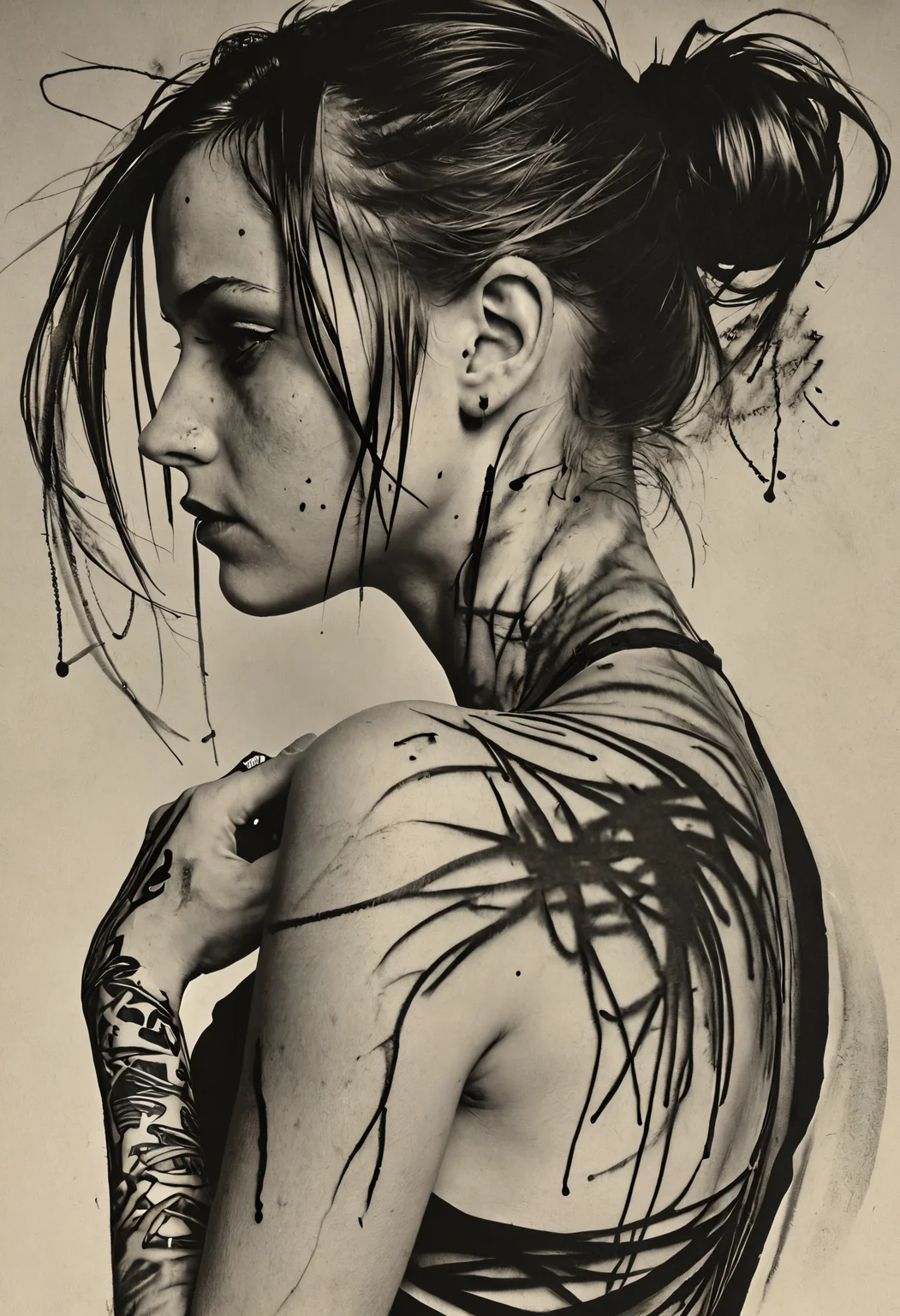 somber, girl with wildstyle graffiti tattoos, Hans Hartung, Sigmar Polke, <lora:add-detail-xl:1>, <lora:DD-Drawing-XL:1>