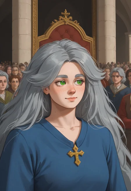 score_9, score_8_up, score_7_up, (((1 girl))), botw_style, ZeldaSDXL,
perfect face, pale skin, bright green eyes, gray hair, lush split ends, voluminous hairstyle, very long hair, freckles, freckled body, perfect anatomy, (perfect eyes, (green eyes), expressive eyes, eyes of the same color),
a plump figure, ((self-confident)), ((smiling excitedly)), ((looking away)), in a blue outfit from "Tears of the Kingdom", (((bottomless))), ,
In THE BREAK,
standing in the throne room of the castle, making a statement in front of the kingdom, ((ultra-wide shot)), (((brightly lit)))
BREAK,
crowd of people,knights,warriors, medieval clothes,