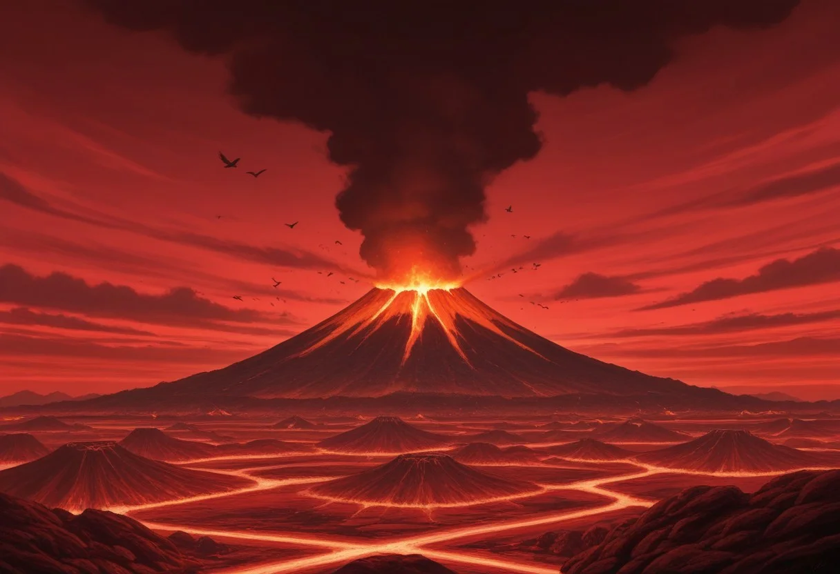 masterpiece, best quality, no humans, outdoor, day, red sky, cloud, birds, hell, volcano,