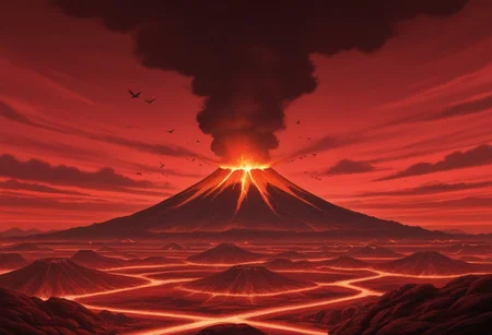 masterpiece, best quality, no humans, outdoor, day, red sky, cloud, birds, hell, volcano,