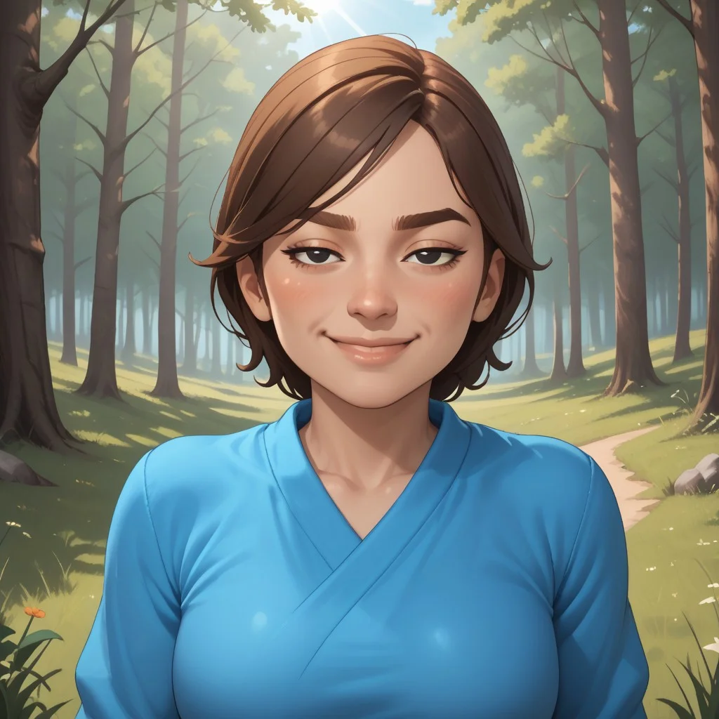 score_9, score_8, BREAK, solo, mii, wii, wii sports resort, female mii, 1girl, cute, brown hair, brown eyebrows, rectangle eyebrows, black eyes, sleepy eyes, half circle eyes, small nose, blush, :I, Hiromi_(\Wii_Sports_Resort\), breasts, Nintendo Mii, modern_mii, classic_mii, sexy pose, self portrait, smile, outdoors, sunlight, shadows, evening lighting, natural lighting, forest, trees, grass, orange sky, sunset