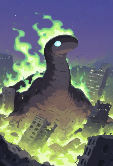 masterpiece, best quality, very aesthetic, absurdres,
rorr,
(wisp), giant creature, no humans, green fire, starry sky, destroyed city background <lora:RoRRNoobLocon_byKonan:1>