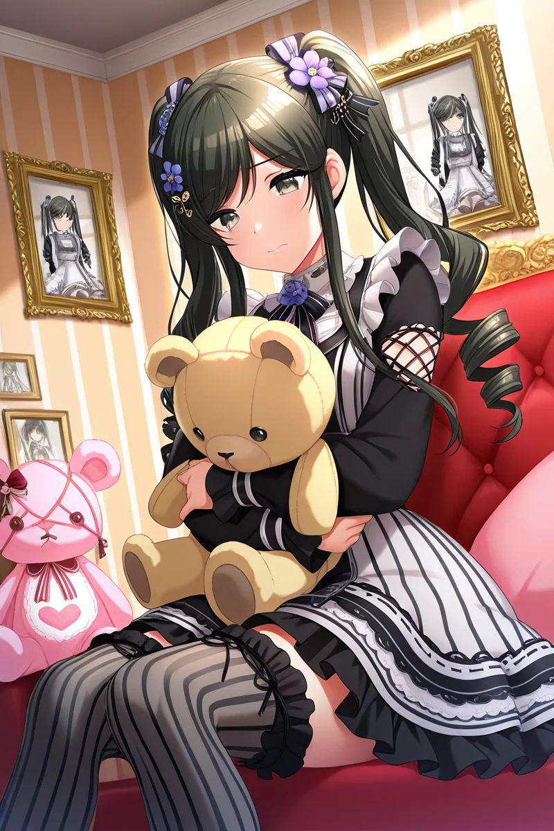 masterpiece, best quality, amazing quality,
<lora:Tsubaki_IL:1> tsubaki, 1girl, stuffed toy, flower, stuffed animal, twintails, thighhighs, sitting, striped, indoors, picture frame, hair ornament, solo, hair flower, long hair, frills, dress, drill hair