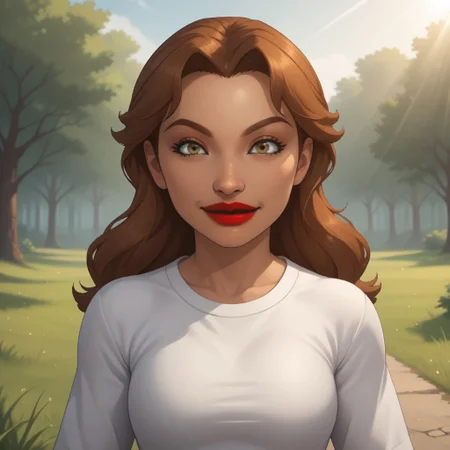 score_9, score_8, BREAK, solo, wii, mii, wii sports, 1girl, female mii, dark yellow eyes, black eyeshadow, auburn hair, red lips, lipstick, big lips, white clothing, gray pants, cute, nintendo mii, modern_mii, classic_mii, breasts, naomi_(\wii_sports\), sexy pose, smile, outdoors, sunlight, shadows, evening lighting, natural lighting, forest, trees, grass, orange sky, sunset