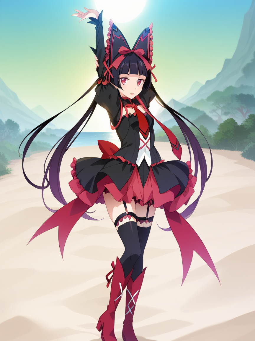 score_9, score_8_up, score_7_up, best quality, masterpiece, 4k, uncensored, perfect lighting, very aesthetic, anime BREAK
vector, flat color,
<lora:rory_mercury-PD-1.0:1> (rory mercury),
dress, hair ribbon, puffy sleeves, necktie, thighhighs, garter straps, boots,
sand dunes,
shimashiro_itsuki,
zoom shot,
stretching,
grimace