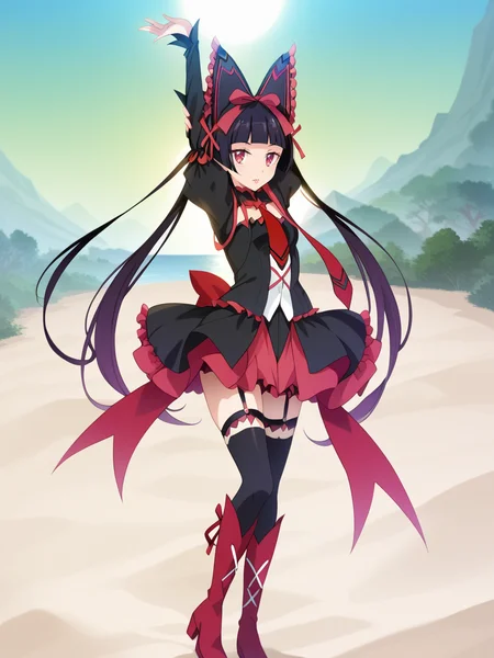 score_9, score_8_up, score_7_up, best quality, masterpiece, 4k, uncensored, perfect lighting, very aesthetic, anime BREAK
vector, flat color,
<lora:rory_mercury-PD-1.0:1> (rory mercury),
dress, hair ribbon, puffy sleeves, necktie, thighhighs, garter straps, boots,
sand dunes,
shimashiro_itsuki,
zoom shot,
stretching,
grimace