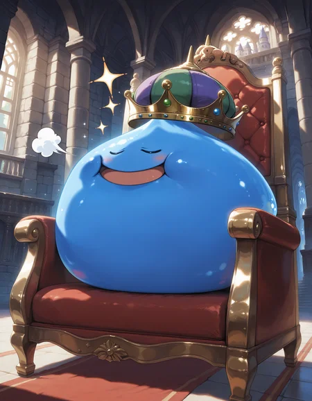 SmoothNoob_Quality,masterpiece,extreme detailed,full_body,indoors,castle,throne BREAK 1other,no humans,king slime,slime \(creature\),crown,:D,open mouth,blue skin,blush,smile,happy,<lora:NOOB_vp1_detailer_by_volnovik_v1:1>,<lora:king slime-NAI:1>,doyagao,sparkle,sitting,closed eyes,puff of air,