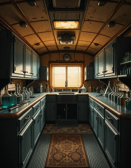 The interior of an old RV converted into a clandestine drug laboratory, inspired by the TV series Breaking Bad. The space is cramped and messy, filled with scientific equipment, glass beakers, flasks, burners, chemical containers, and lab tools scattered around. The walls are aged and stained, with peeling wallpaper and old metallic cabinets. A small sink area is cluttered with dirty lab glassware. The lighting is dim and tinted yellow, with sunlight barely filtering through dusty blinds. The floor is grimy, with a mix of rubber mats and worn carpet. The overall atmosphere is tense and gritty, capturing a sense of secrecy and danger. Hyper-realistic style, cinematic composition, rich in textures and shadows.
<lora:SDXLFaeTastic2400:0.4> <lora:extremely_detailed:0.4> extremely detailed,old RV drug l4b0r4t0ry, <lora:old_RV_drug_l4b0r4t0ry-i:1>, Masterpiece,best quality,hi res,8k,hi res,8k,award winning,(sharp focus, intricate, highly detailed),