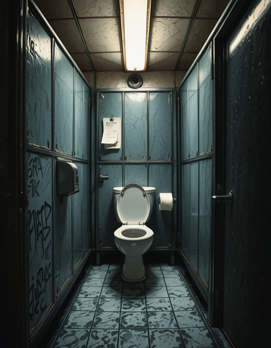 A highly realistic, detailed photograph of a public restroom stall from a human eye-level perspective. The stall is constructed with dull, light gray metal partitions showing subtle scratches and wear from years of use. The door is slightly ajar, with a simple metal latch and a small gap visible at the bottom and top of the door. Inside the stall, there is a standard white ceramic toilet with a chrome flush handle, positioned against a wall of white, slightly aged subway tiles. The floor is covered with small, dark gray hexagonal tiles, with faint reflections from the overhead fluorescent lighting. A single toilet paper dispenser made of stainless steel is mounted to the side wall, partially filled, with a torn sheet hanging loosely. The lighting is cool and sterile, casting soft shadows and emphasizing the slightly utilitarian, worn-out atmosphere of the space. Subtle details like faint graffiti scratched into the partition, a discarded paper towel near the floor, and small water stains near the base of the toilet contribute to the realistic, everyday public restroom feel. The photo is sharp, with a neutral color palette and an urban documentary style.
 <lora:SDXLFaeTastic2400:0.4> <lora:extremely_detailed:0.4> extremely detailed,<lora:public_restroom_st4ll_r2:1>,public restroom st4ll, Masterpiece,best quality,hi res,8k,hi res,8k,award winning,(sharp focus, intricate, highly detailed),
