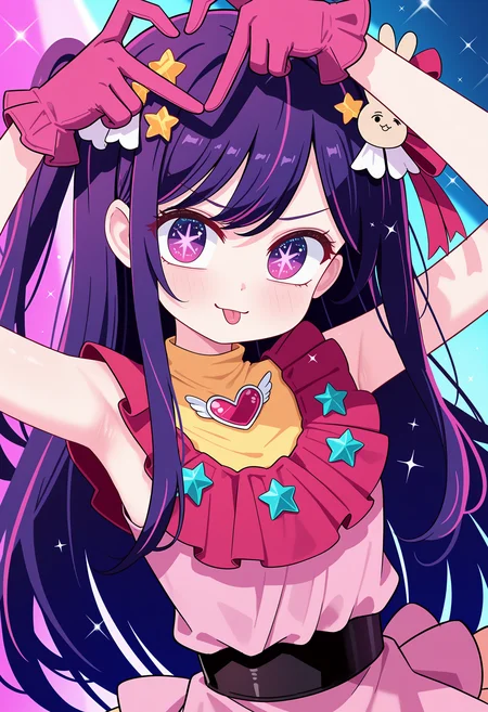 hoshino ai \(oshi no ko\), 1girl, solo, long hair, looking at viewer, blush, smile, hair ornament, gloves, dress, ribbon, hair between eyes, closed mouth, jewelry, purple eyes, upper body, hair ribbon, purple hair, sidelocks, heart, frills, sleeveless, tongue, belt, tongue out, pink eyes, armpits, star \(symbol\), symbol-shaped pupils, sleeveless dress, sparkle, one side up, frilled dress, brooch, pink dress, black belt, :p, pink ribbon, star hair ornament, star-shaped pupils, heart hands, symbol in eye, idol, rabbit hair ornament, pink gloves, heart brooch, star in eye, frilled gloves, idol clothes, turtleneck dress <lora:None:1.0000000000000002> <lora:Sseopik_OMO:1.0000000000000002>
